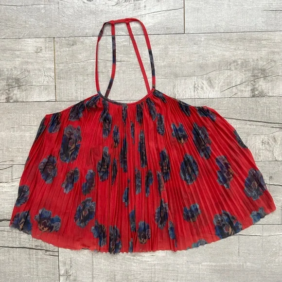 Kimchi Blue Urban Outfitters Red Pleated Floral Strappy Halter Back Tank Top M - Picture 1 of 9